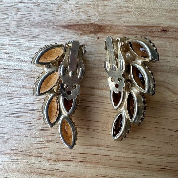 VTG Statement‎ Earrings 1.75" Match 4" Brooch AB Rhinestone Topaz Glass Navettes - Picture 6 of 9